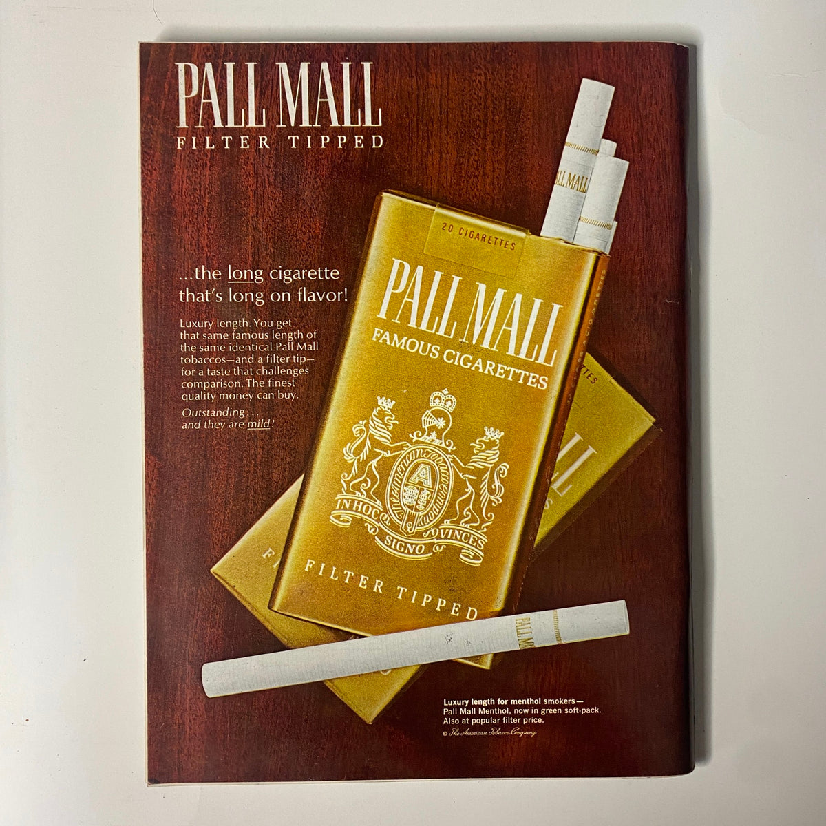 Advertisement for Pall Mall cigarettes found in Playboy Magazine November 1966, showcasing its Premium quality and design.