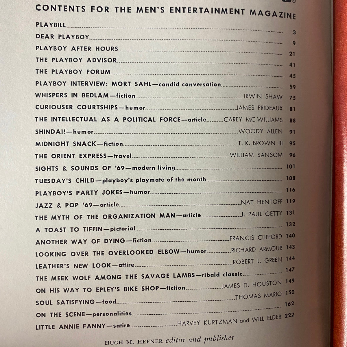 Contents page of Playboy Magazine February 1969, listing articles and features, including the Playboy Interview with Mort Sahl and 'Tuesday's Child' starring Playmate of the Month, Lorrie Menconi.