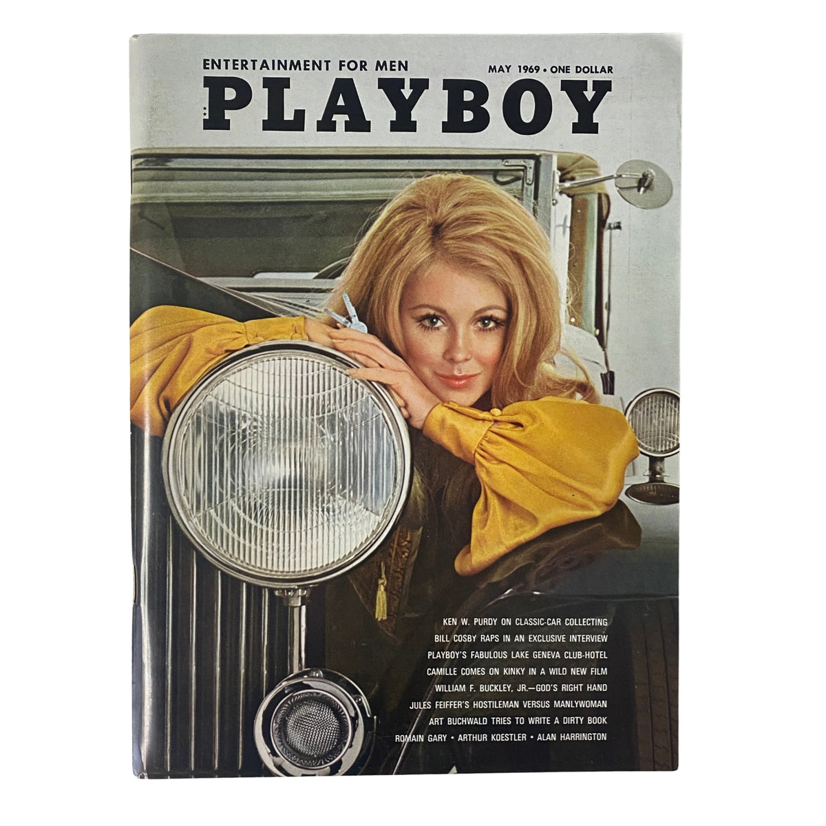 Cover of Playboy Magazine May 1969 featuring Playmate Sally Sheffield, with an antique car and striking vintage design.