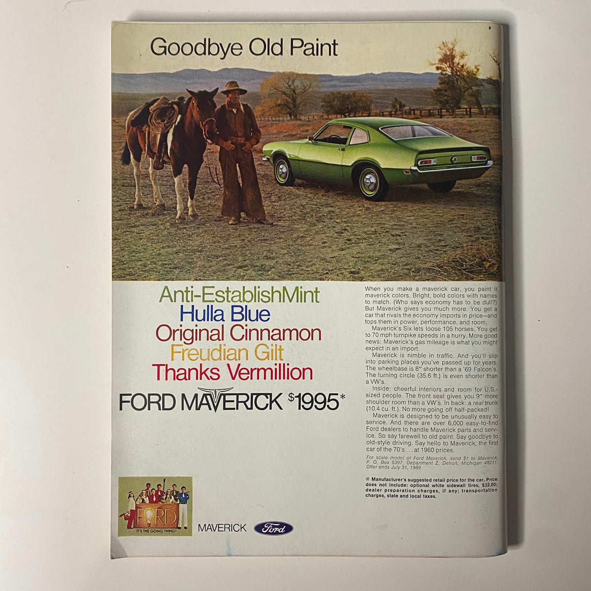 Vintage advertising artwork featuring the Ford Maverick from the June 1969 issue of Playboy Magazine, titled 'Goodbye Old Paint'. The ad showcases the car in bright colors with a scenic background, highlighting the Maverick's appeal with its pricing details and paint color options.