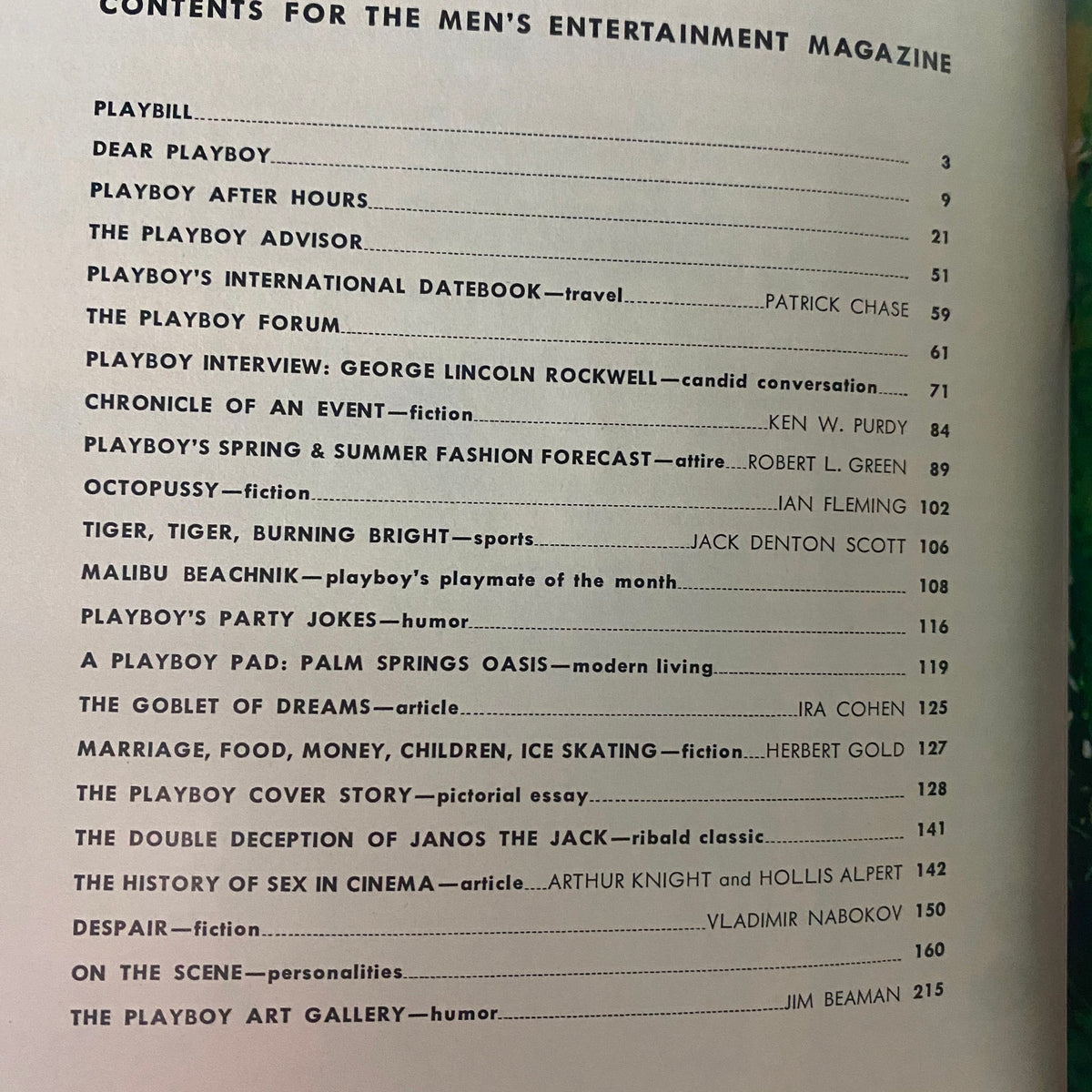 Table of contents for Playboy Magazine April 1966 highlighting articles including an interview with George Lincoln Rockwell and fiction by Ian Fleming.