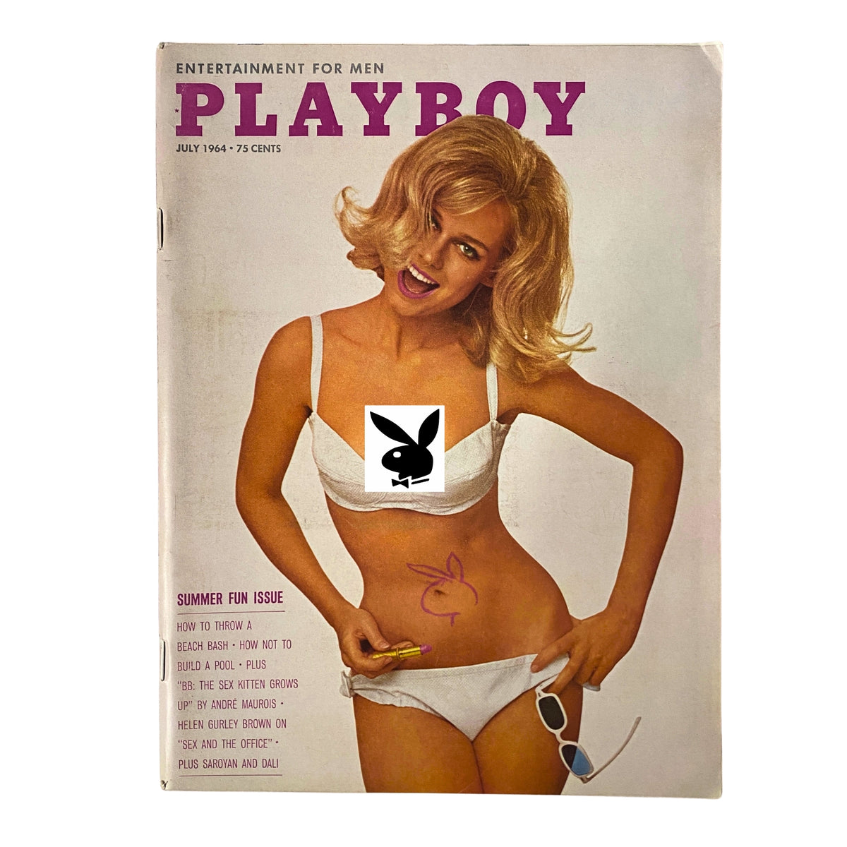 Playboy Magazine July 1964 cover featuring Playmate Melba Ogle with a playful pose, showcasing the iconic Playboy logo and vintage 1960s aesthetics.