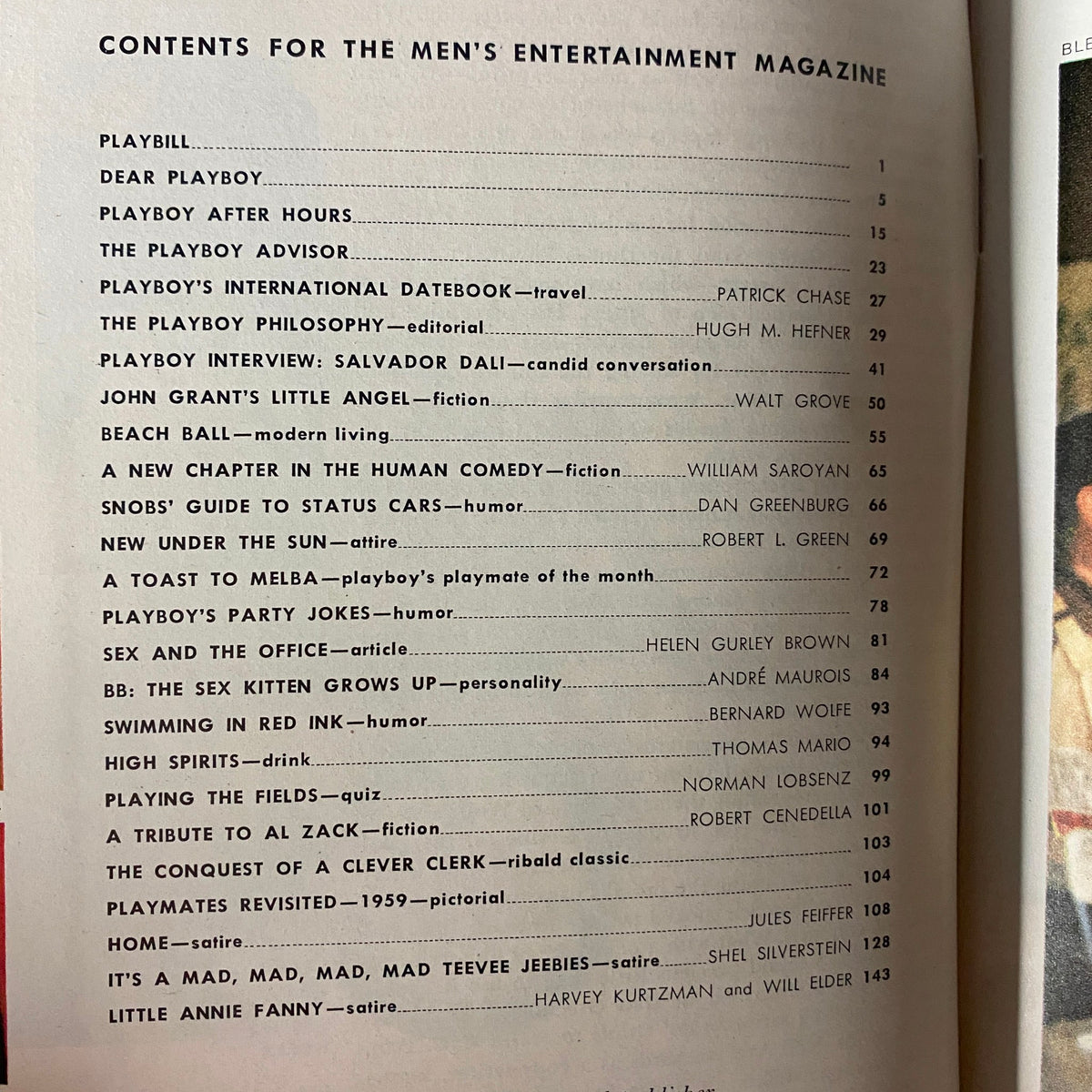 Contents page from Playboy Magazine July 1964 featuring articles including Salvador Dalí interview, fiction, and humor sections.