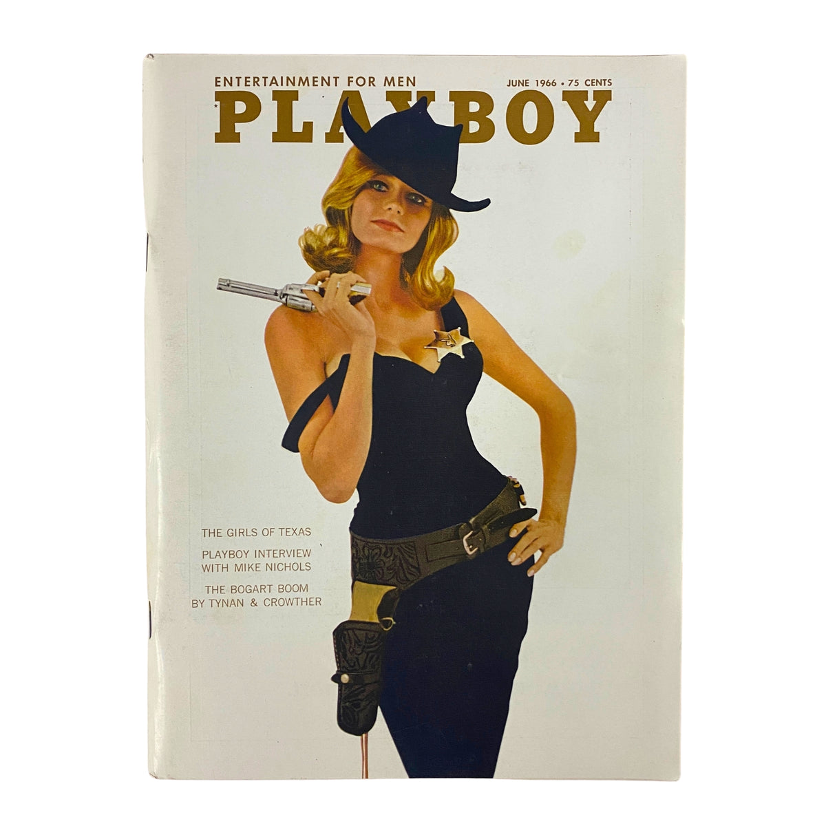 Cover of Playboy Magazine June 1966 featuring Playmate Kelly Burke, styled as a Western character with a revolver, showcasing the iconic imagery of the 1960s.