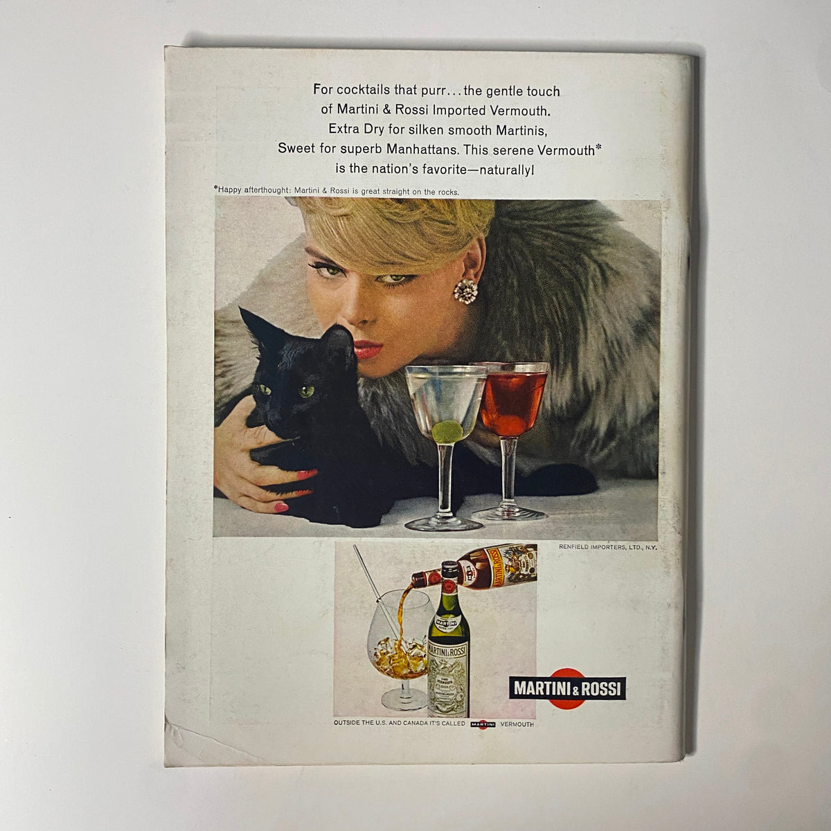 Back cover of Playboy Magazine June 1966, featuring a vintage advertisement for Martini & Rossi vermouth, showcasing a glamorous woman with a black cat.
