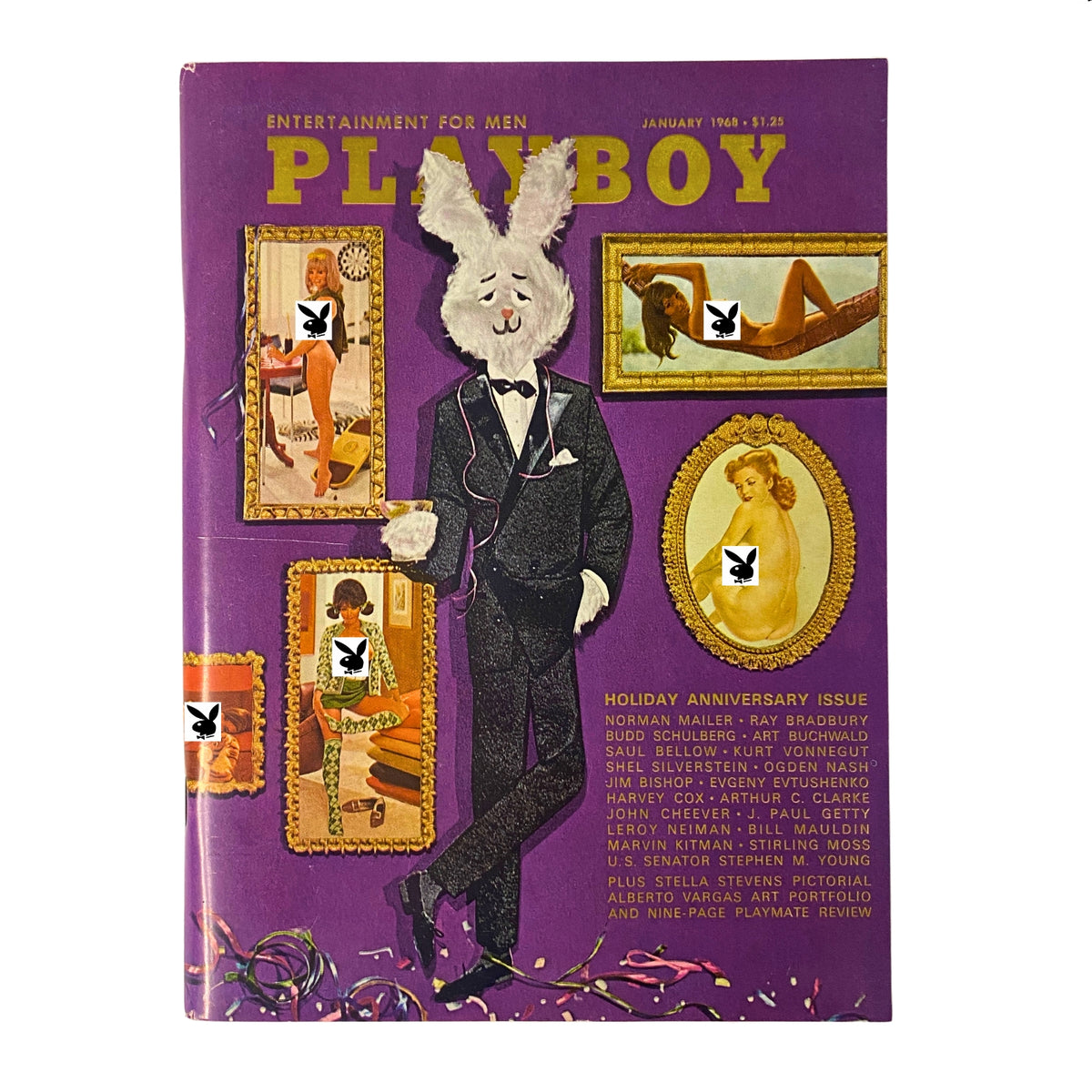 Cover of Playboy Magazine January 1968 featuring playful illustrations and the title 'PLAYBOY'. This vintage edition highlights cultural themes and includes the iconic centerfold of Playmate Connie Kreski.