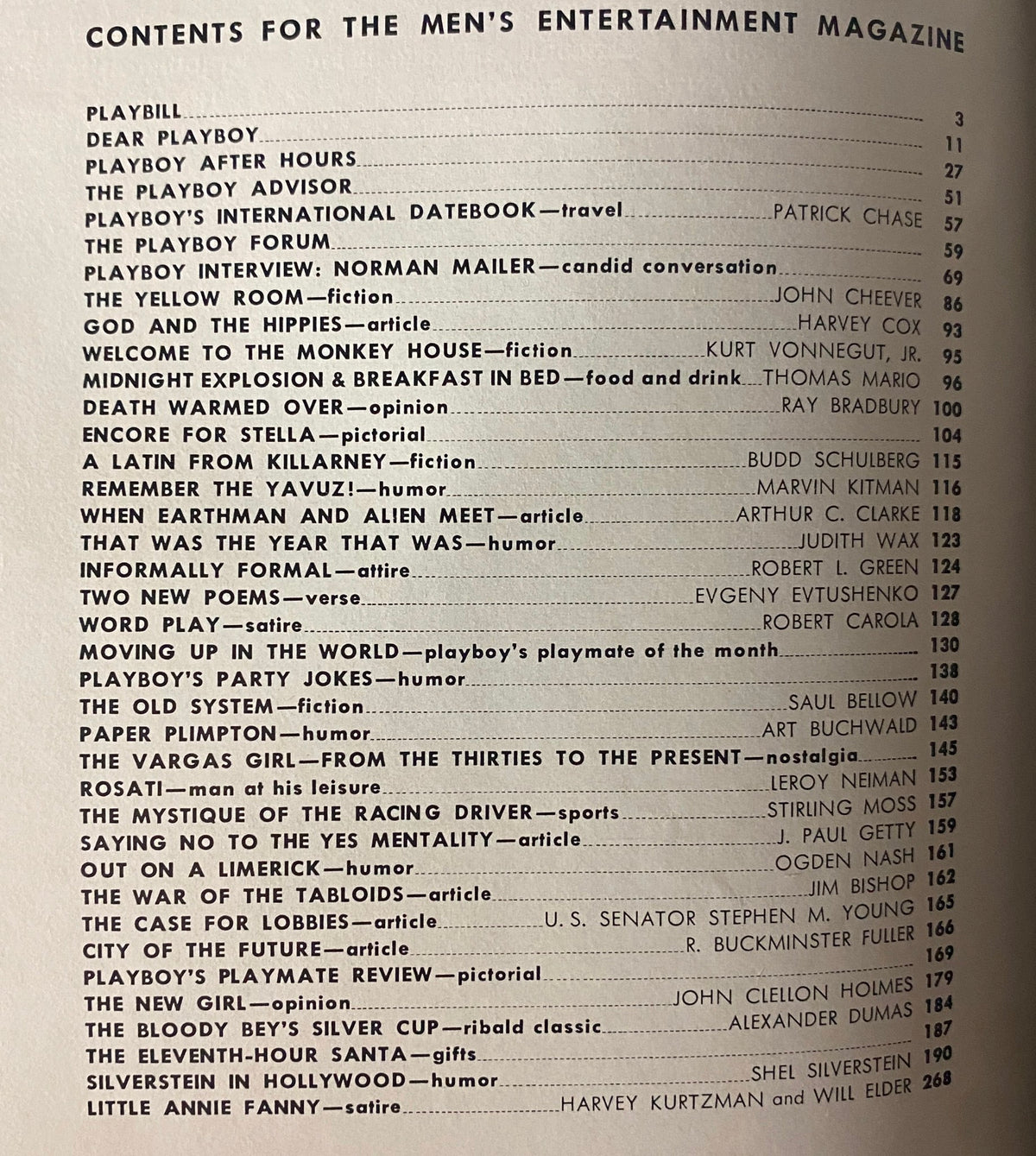 Table of contents from Playboy Magazine January 1968, showcasing featured articles including an interview with Norman Mailer and fiction by Kurt Vonnegut. The issue reflects the cultural climate of the 1960s.