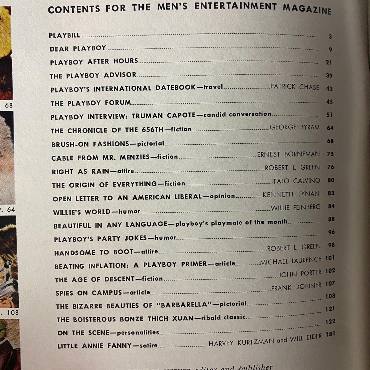 Contents page of Playboy Magazine March 1968, listing articles including Playboy Interview with Truman Capote and pictorials.