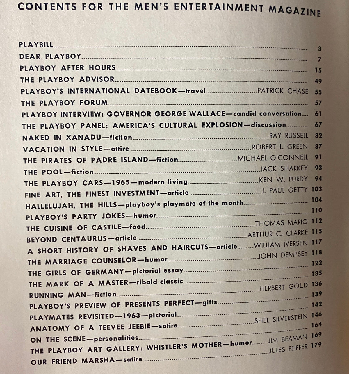 Table of contents page from Playboy Magazine November 1964, highlighting various articles and features including the interview with Governor George Wallace and cultural discussions of the era.