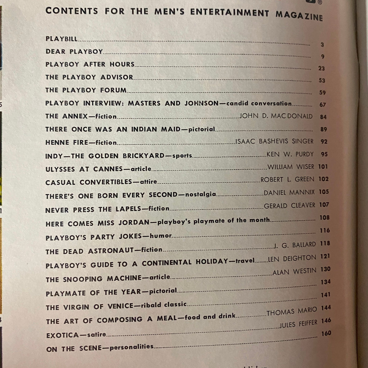 Contents page from May 1968 Playboy Magazine highlighting articles, including interview with Masters and Johnson and features on Elizabeth Jordan.
