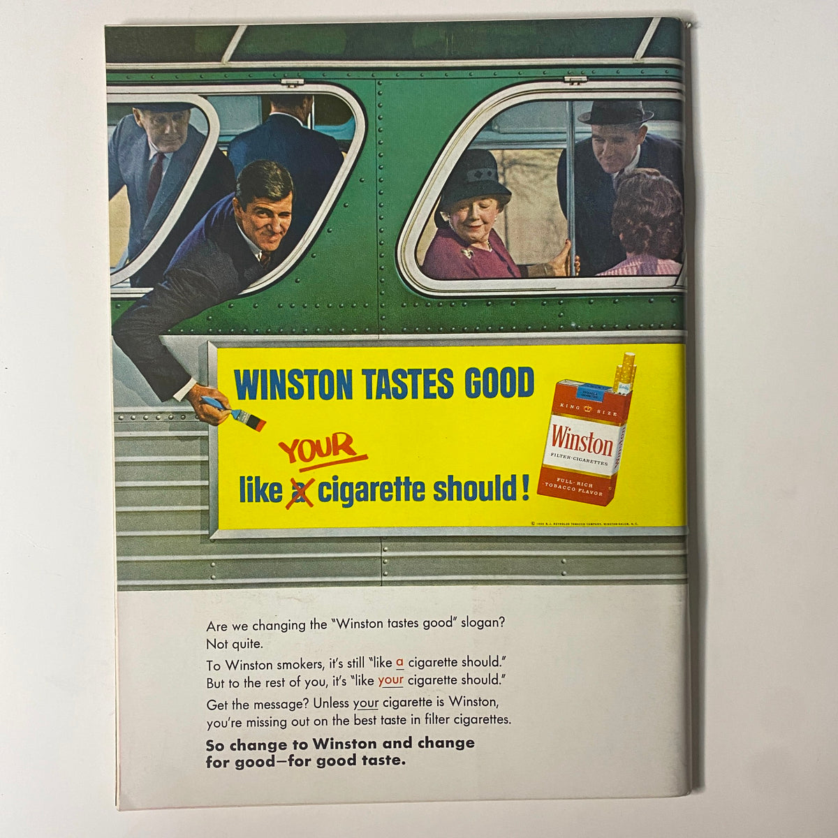 Vintage advertisement featuring Winston cigarettes, emphasizing the slogan 'Winston tastes good like a cigarette should.' The image depicts a man leaning out from a green window, promoting the cigarette brand. This advertisement is reflective of mid-20th century marketing and pop culture.
