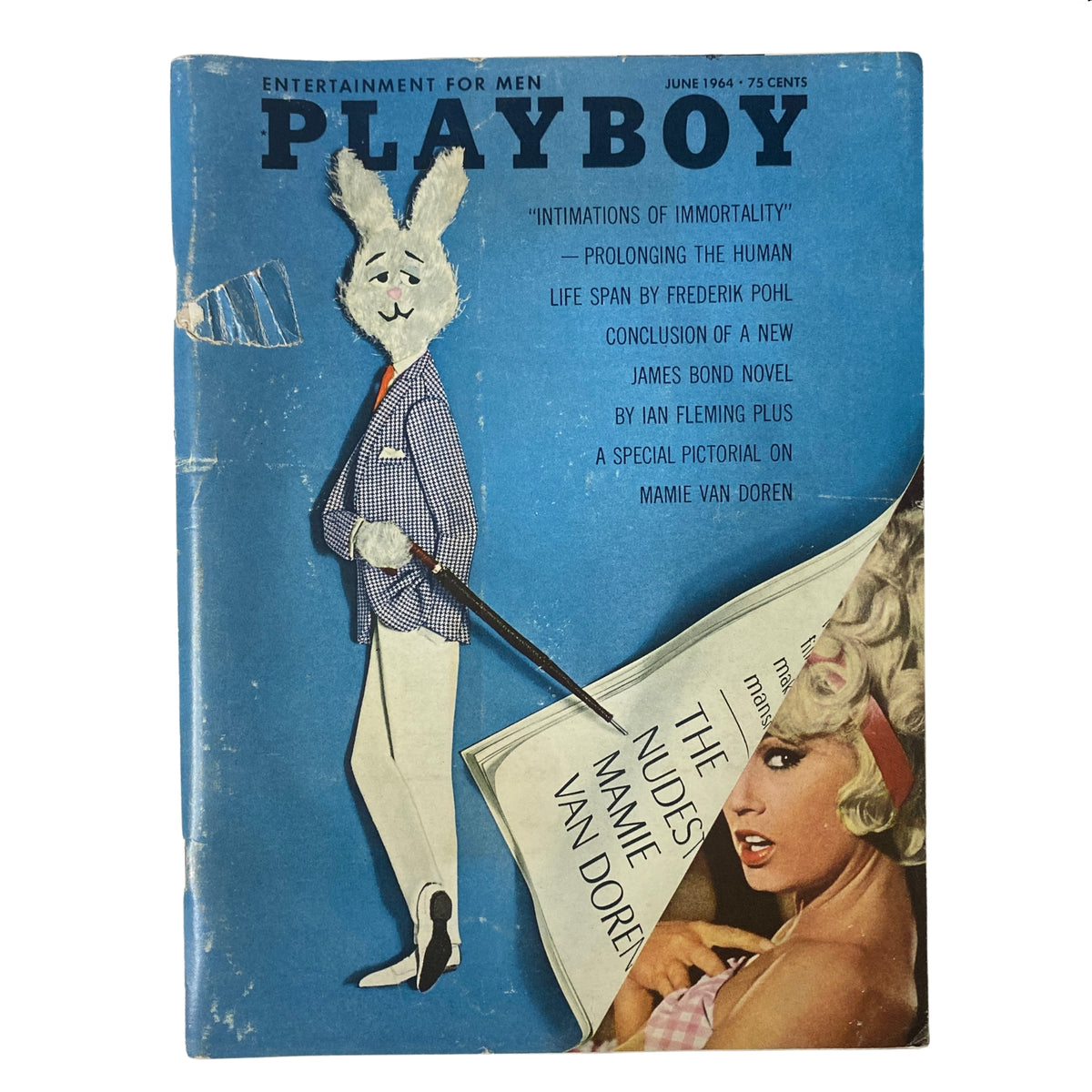 June 1964 Playboy Magazine featuring the Playmate Lori Winston on the cover, showcasing a whimsical illustration of a rabbit in a suit and a vibrant blue background, highlighting articles related to human life span and a special pictorial on Mamie Van Doren.