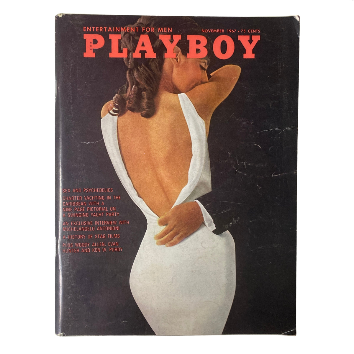 Cover of Playboy Magazine November 1967 featuring Playmate Kaya Christian in a white dress, showcasing the title and featuring a detailed article list on sexuality, psychedelics, and an exclusive interview with Michelangelo Antonioni.