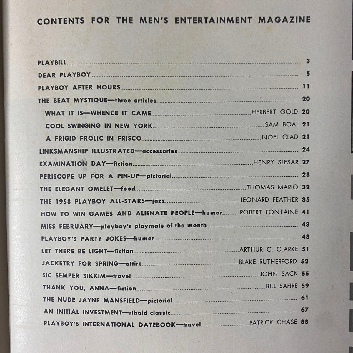 Contents page of Playboy Magazine February 1958, featuring articles and topics including the Beat Generation and Playboy's Playmate of the Month.