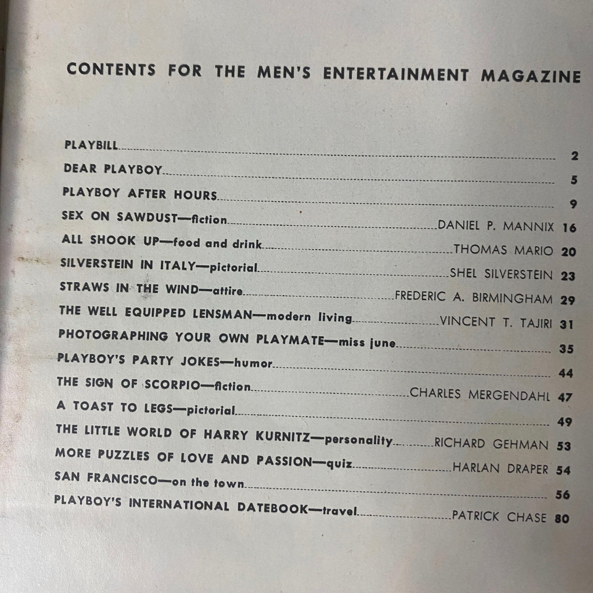 Table of contents from Playboy Magazine June 1958 detailing various articles and features including 'Sex on Sawdust' and 'The Well Equipped Lensman'.