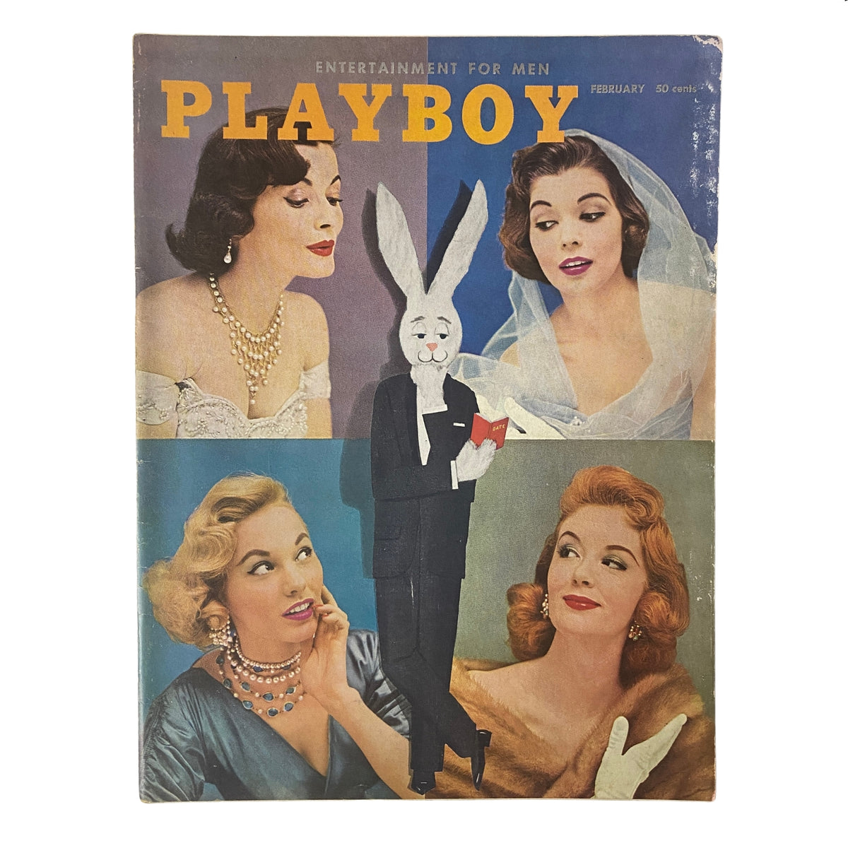 Cover of Playboy Magazine February 1956 featuring Playmate Marguerite Empey. The cover displays images of women in glamorous attire alongside a playful man dressed as a rabbit, highlighting mid-century culture and style.