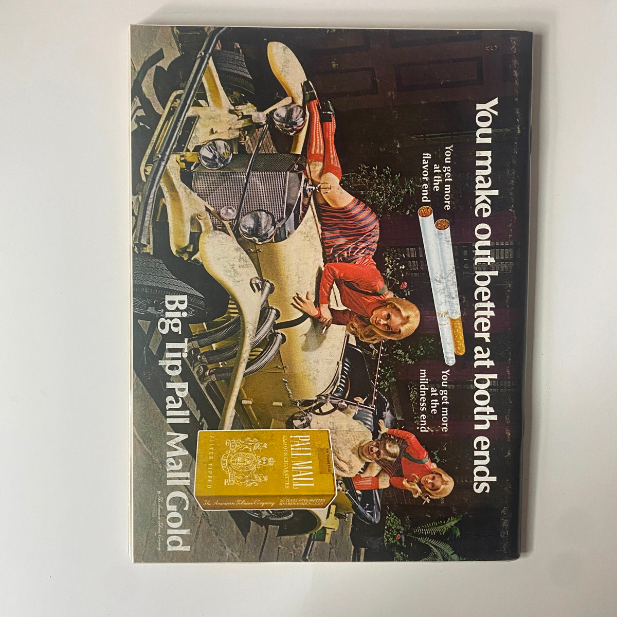 Playboy Magazine November 1968 featuring Paige Young on the cover, showcasing a vintage advertisement with a woman on a classic car, emphasizing the slogan about making out better at both ends, and highlighting Pall Mall Gold cigarettes.