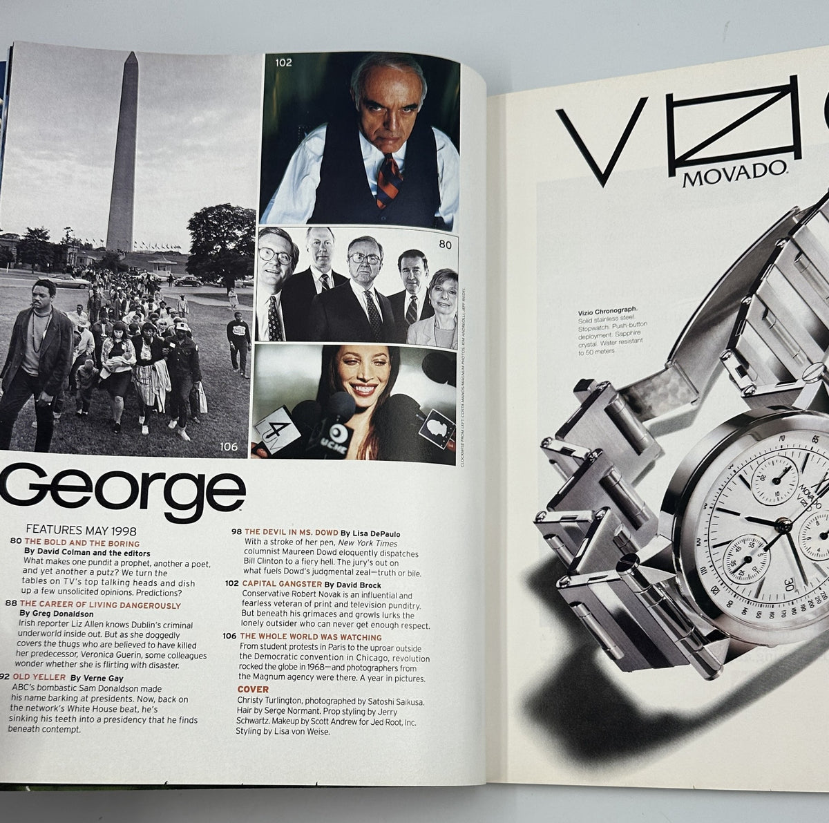 Another inside page of George Magazine May 1998 displaying various features, including a notable mention of the Washington Monument and significant figures in politics.