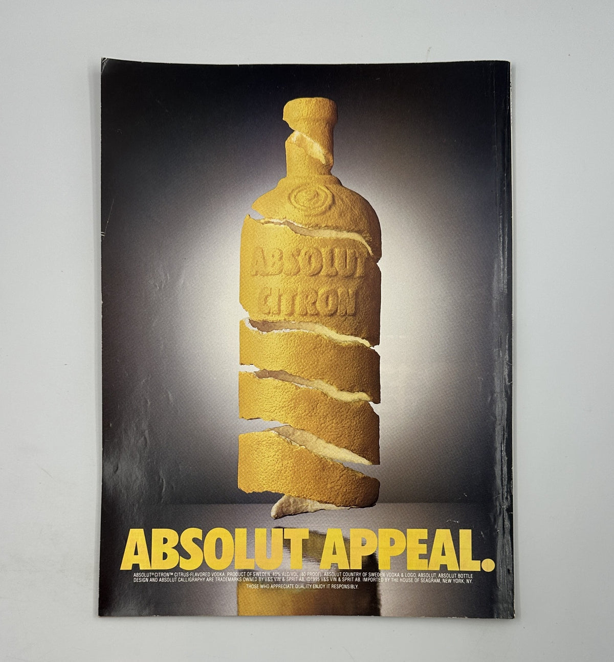 Back cover of George Magazine May 1998 featuring an advertisement for Absolut Vodka, labeled 'Absolut Appeal', displaying a creative image of a bottle made from a textured material.