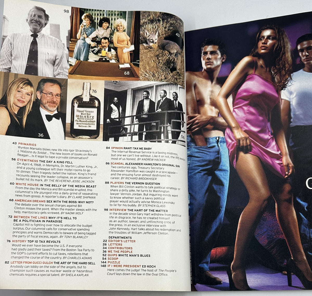 Another interior spread from George Magazine April 1998 showcasing various articles, featuring content listings and images that highlight cultural commentary and celebrity narratives. Ideal for anyone interested in 1990s media.