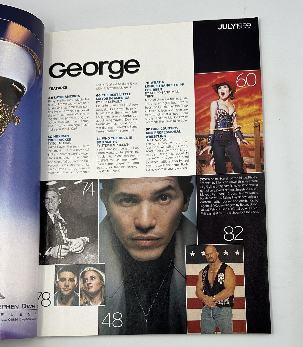 Inside page of George Magazine July 1999, displaying a table of contents with features including Salma Hayek, Linda Tripp, and various political articles accompanied by images of notable figures.