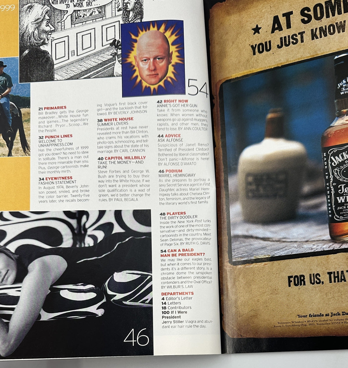 Another inside page of George Magazine August 1999 displaying content sections such as Primaries, Punch Lines, and Capitol Hillbilly.