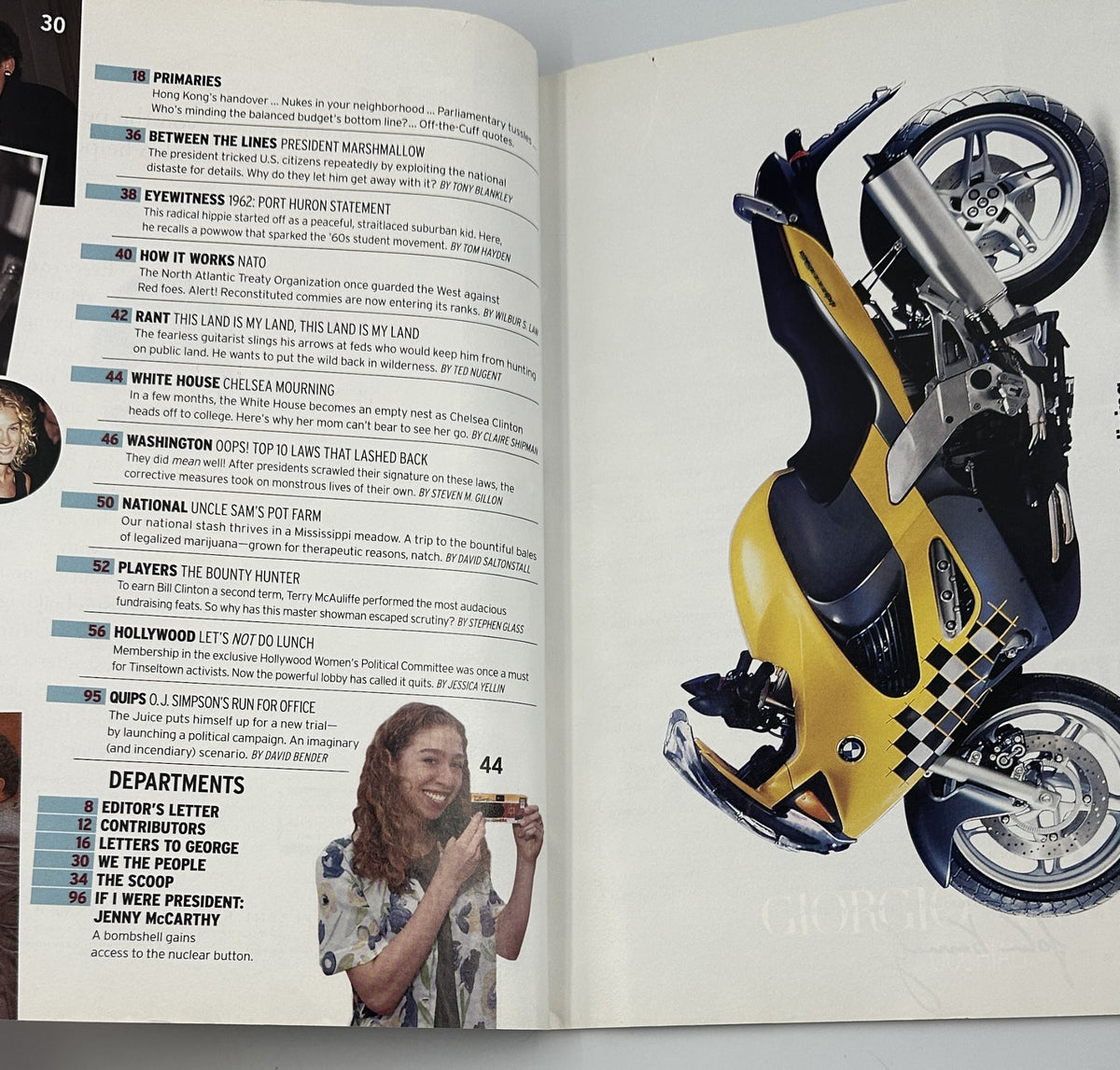 Another inside spread of George Magazine July 1997 highlighting the contents page with articles such as 'The Great Pretender' and 'If I Were President: Jenny McCarthy'.