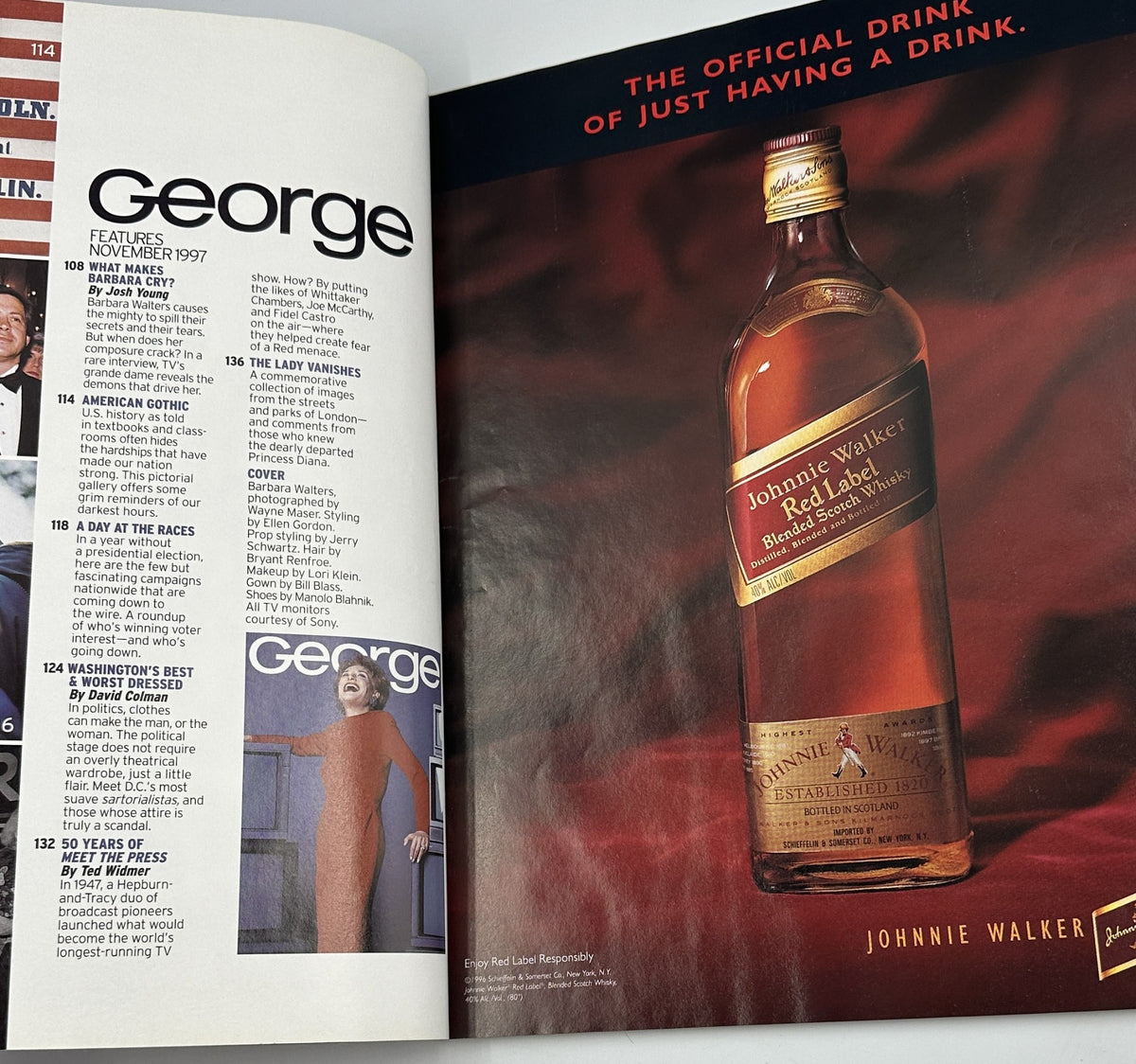Inside layout of George Magazine November 1997 showcasing an advertisement for Johnnie Walker, alongside the table of contents, including features like 'Washington's Best & Worst Dressed' and 'American Gothic'.