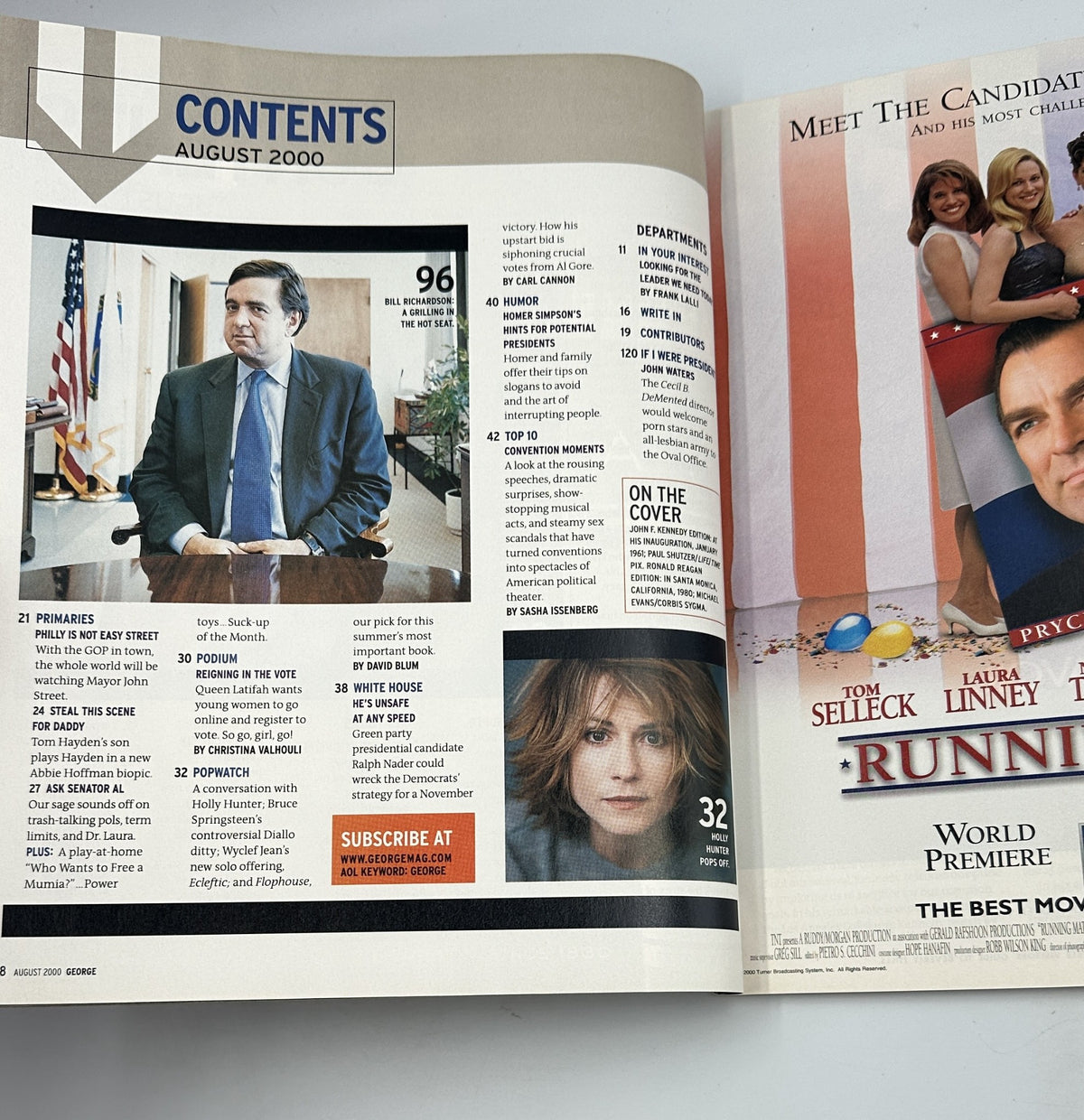 August 2000 George Magazine contents page featuring articles on political conventions and celebrities, including a conversation with Bill Richardson. Relevant content includes sections on primaries, voting, and cultural discussions.