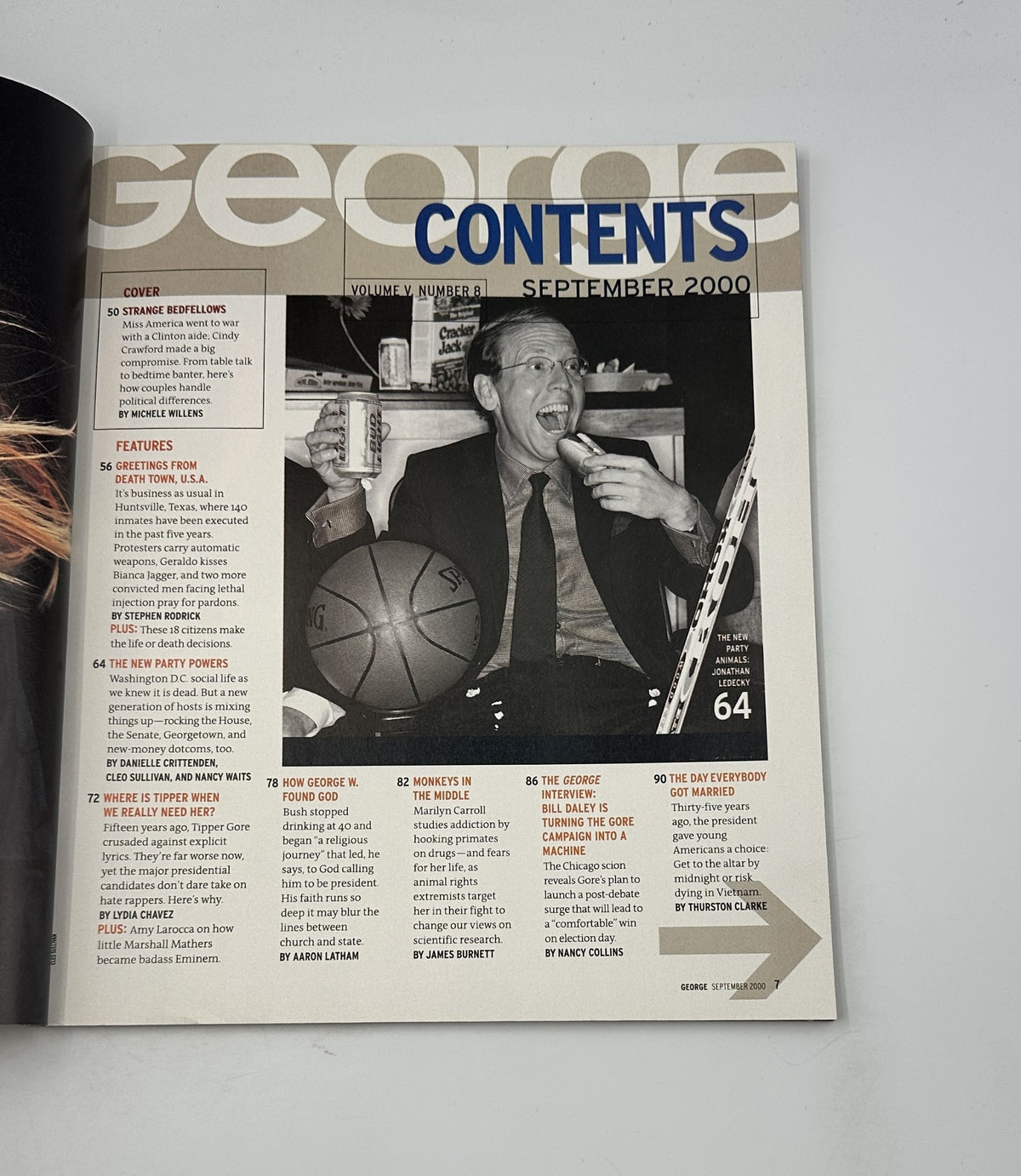 Table of contents page from George Magazine September 2000, showcasing articles and features including Jesse Ventura and political commentary.