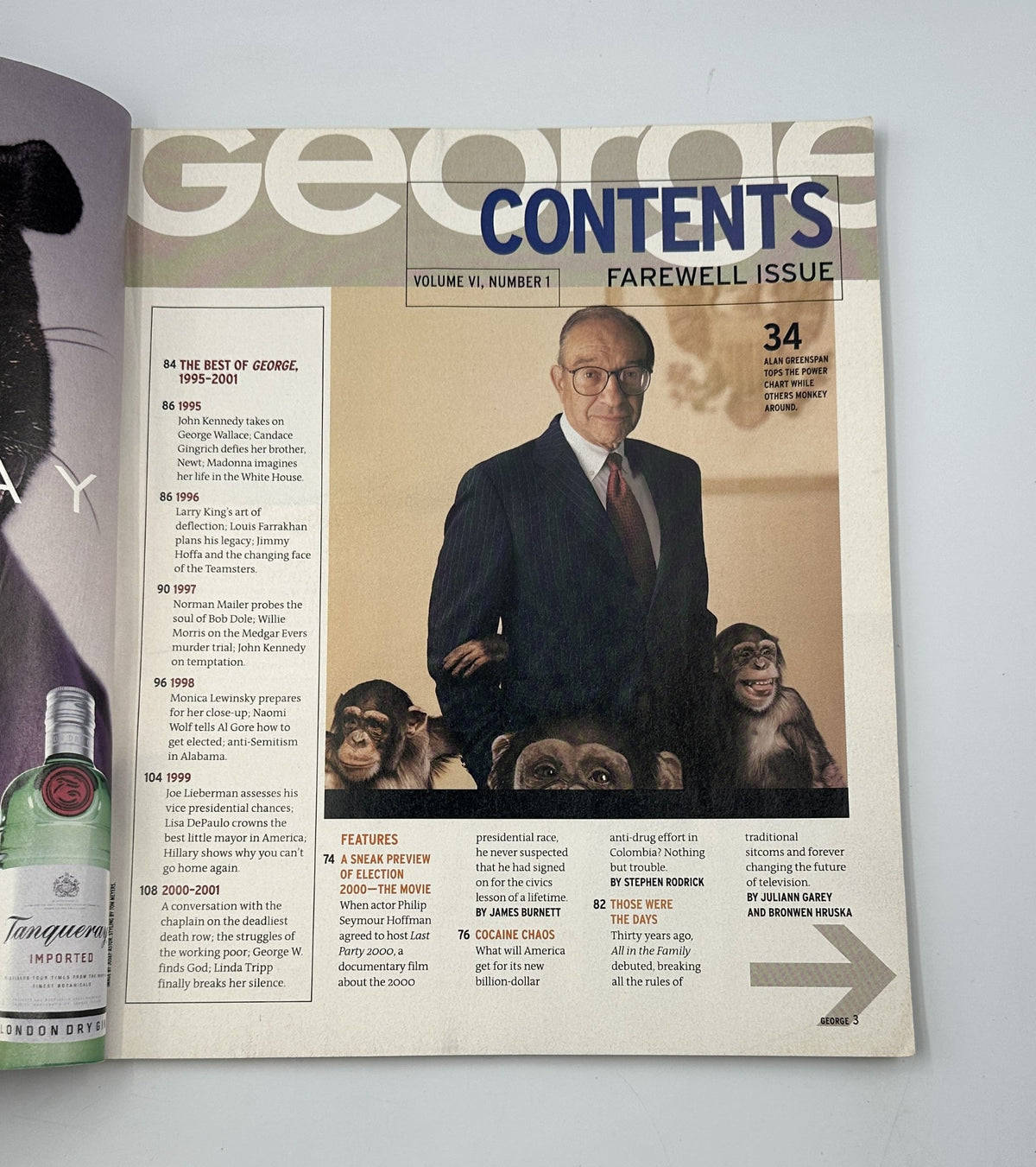 Table of Contents of George Magazine's Farewell Issue, Volume V, Number 1, detailing features and special sections.