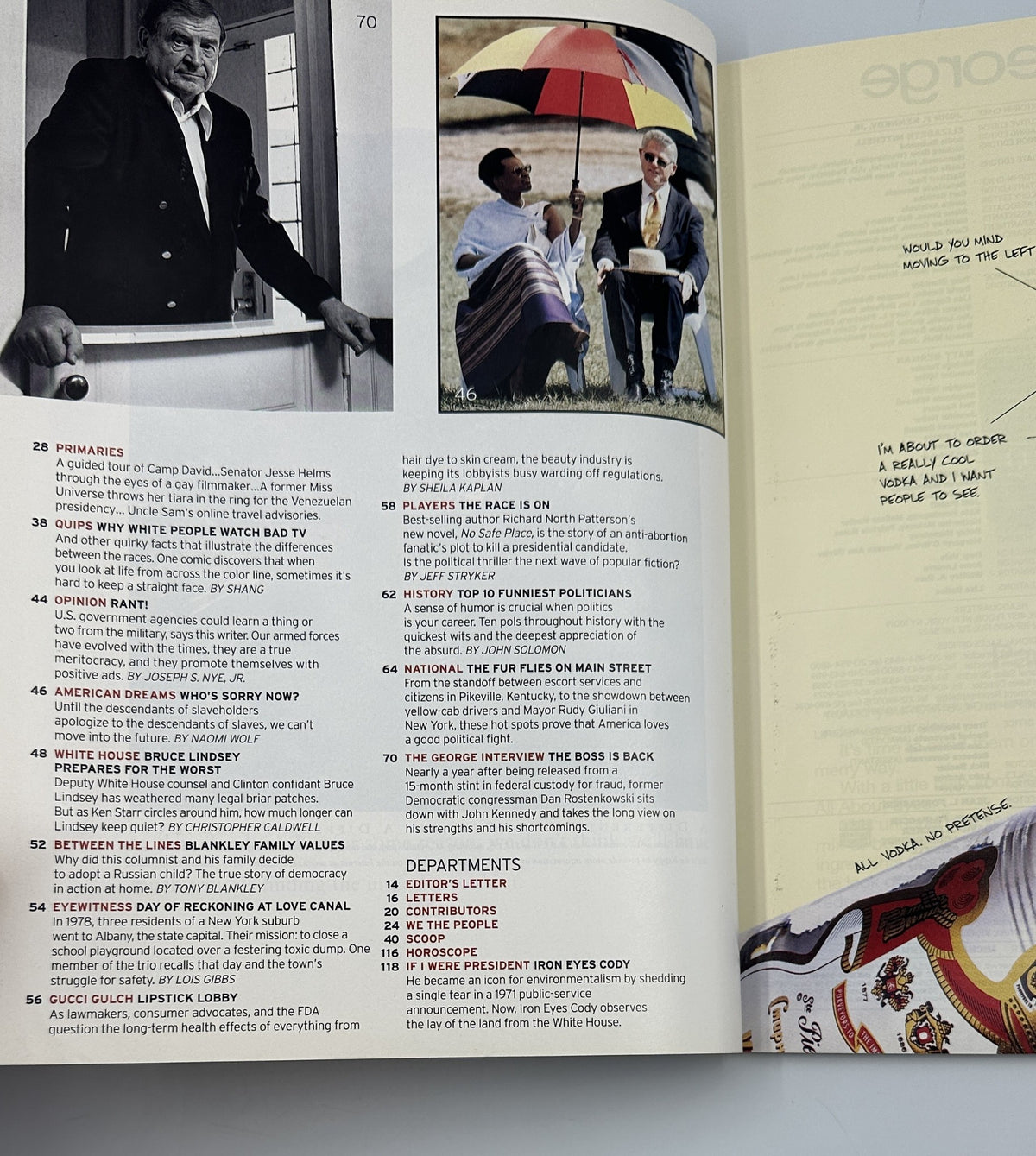 Another interior page from George Magazine August 1998 displaying various articles including those on politicians and significant cultural themes.