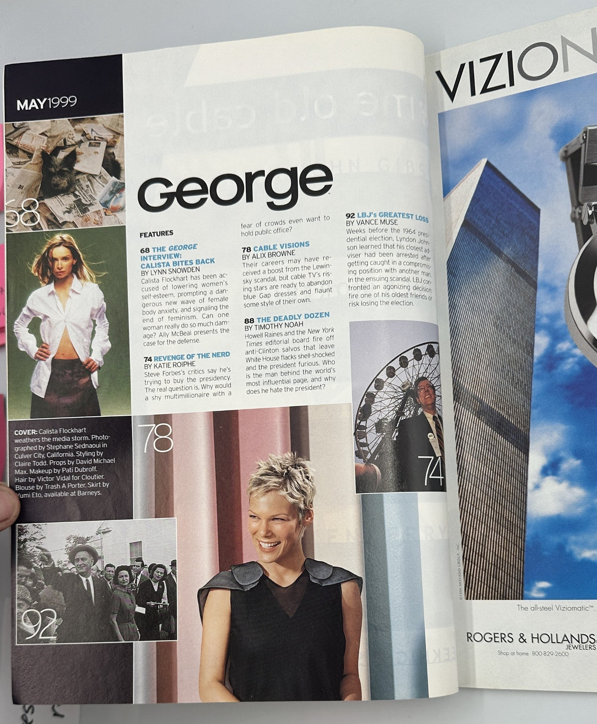 Interior page of George Magazine May 1999 displaying features including articles on Calista Flockhart and other prominent topics.