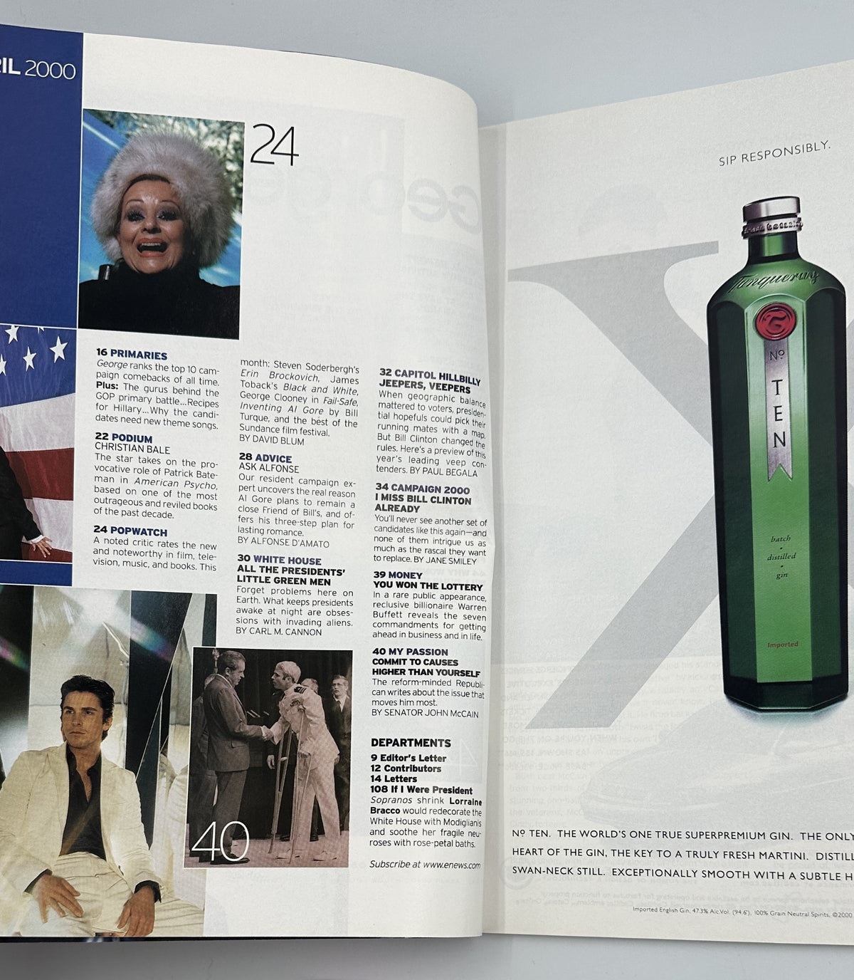Another interior page from George Magazine April 2000, showcasing ads and editorial content with a focus on prominent figures and societal issues.
