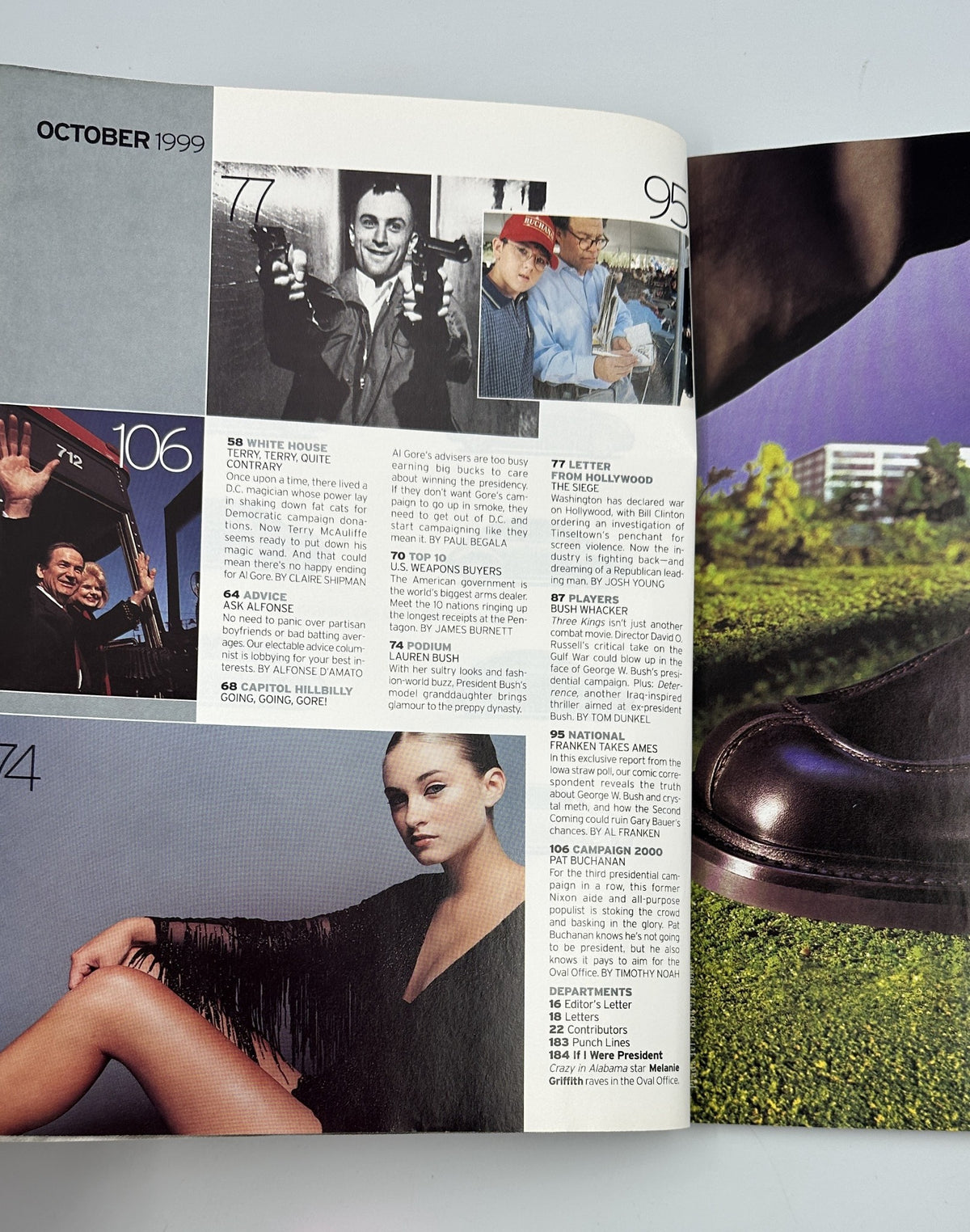 Interior page of George Magazine October 1999 displaying articles and features including 'Winter House', 'Capitol Hillbilly', and 'Campaign 2000', showcasing political commentary and insights.
