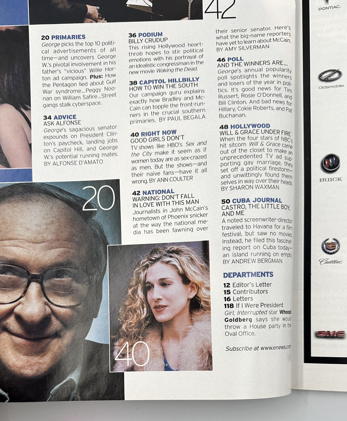 A detailed page from George Magazine February 2000 highlighting various articles including '10 Primaries', commentary on political figures, and pop culture, featuring a photo of a notable figure.