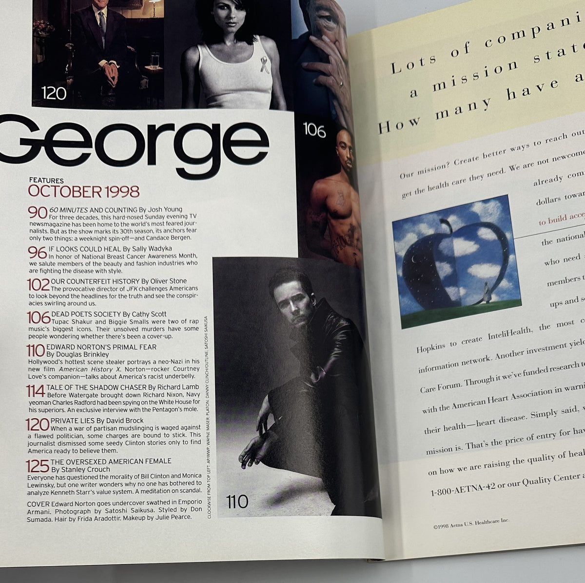 Inside pages of George Magazine October 1998 showcasing various articles including Edward Norton's spotlight, 'American History X' and features on Tupac and Biggie.