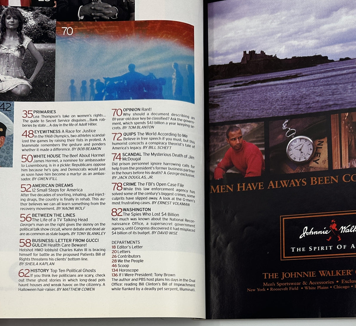 Additional inside pages of George Magazine October 1998, detailing articles about political topics and cultural commentary alongside Edward Norton's feature.