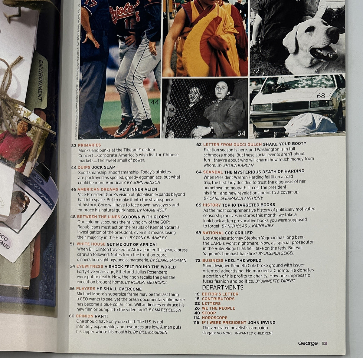 Page from George Magazine June 1998 showcasing various articles with illustrations, including 'Primaries,' 'American Dreams,' and 'Scandal: The Mysterious Death of Harding'.