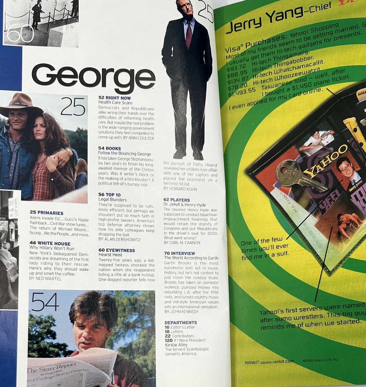 Another inside page of George Magazine April 1999 highlighting various articles including interviews and features on cultural topics.
