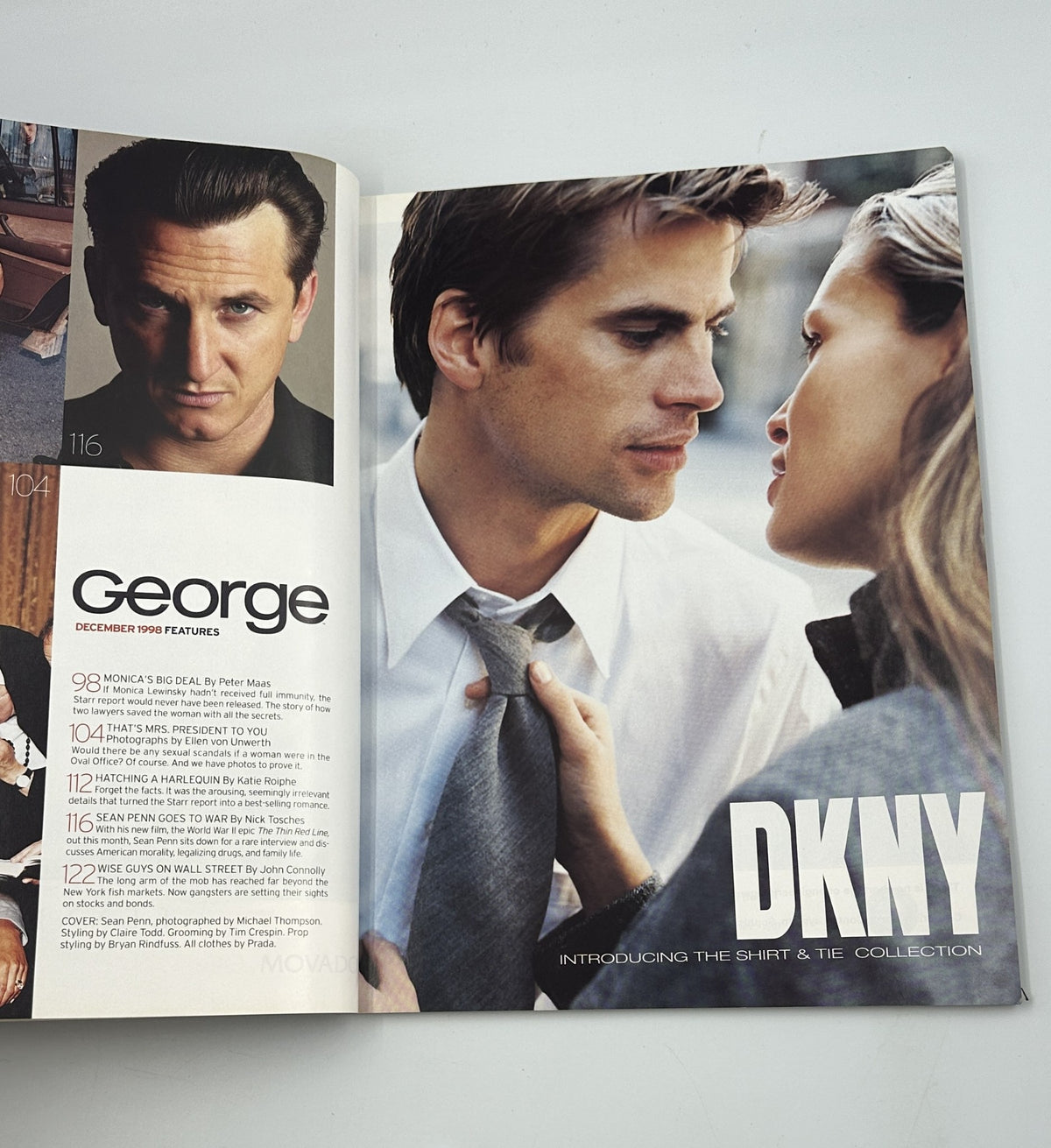 George Magazine December 1998 featuring Sean Penn and an article on DKNY shirt and tie collection.