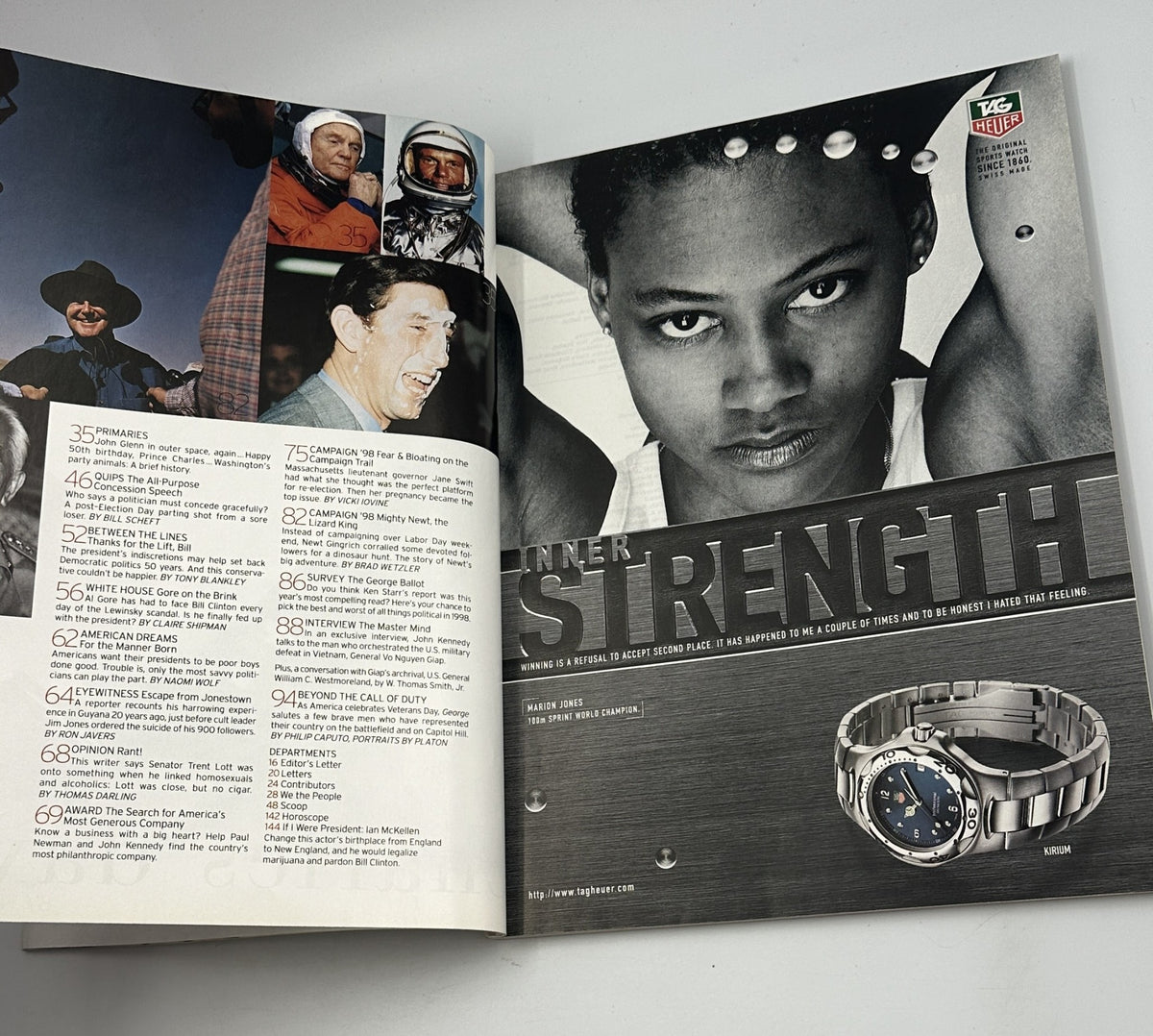 Inner Strength advertisement featuring a powerful female athlete from George Magazine November 1998, showcasing a stylish timepiece.