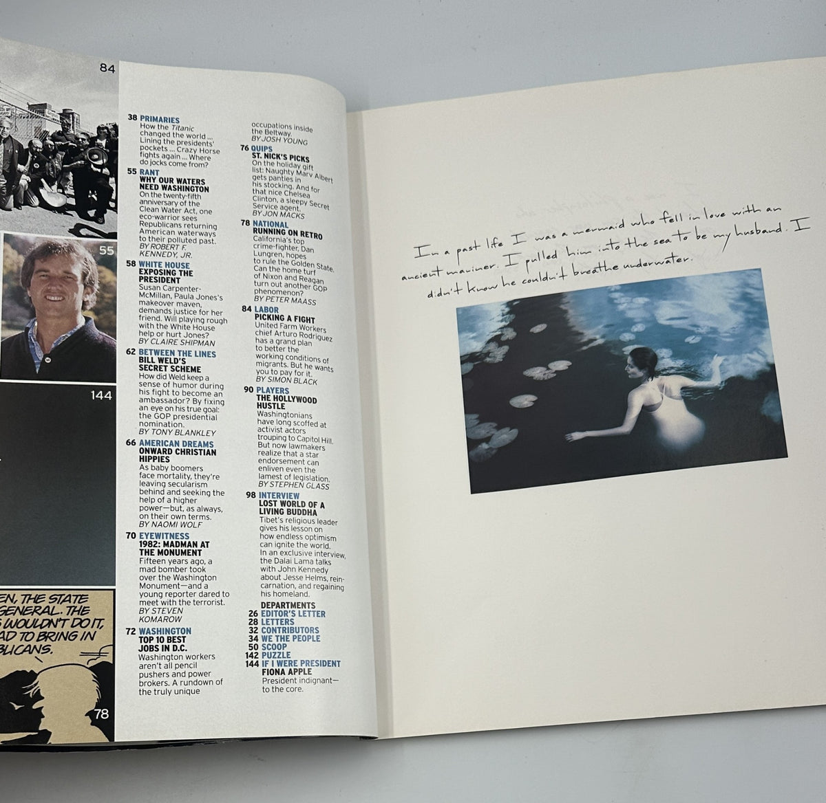 Interior page of George Magazine December 1997 featuring a serene image with text about personal reflection. The issue includes notable figures like Kevin Costner and the Dalai Lama.