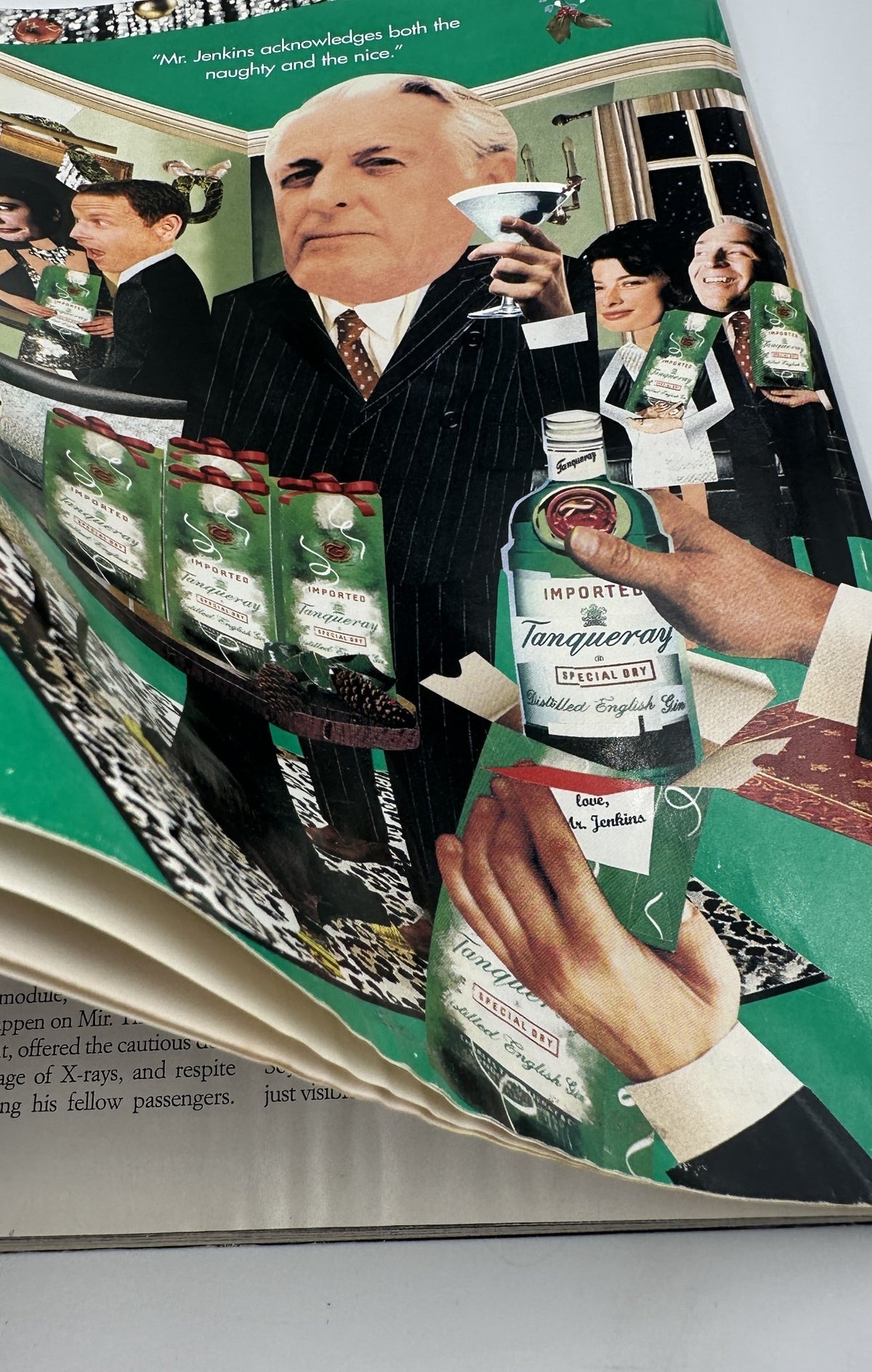 Artistic montage from George Magazine December 1997 showcasing Mr. Jenkins at a festive gathering, highlighting humor with characters and holiday themes, featuring prominent figures such as Kevin Costner.