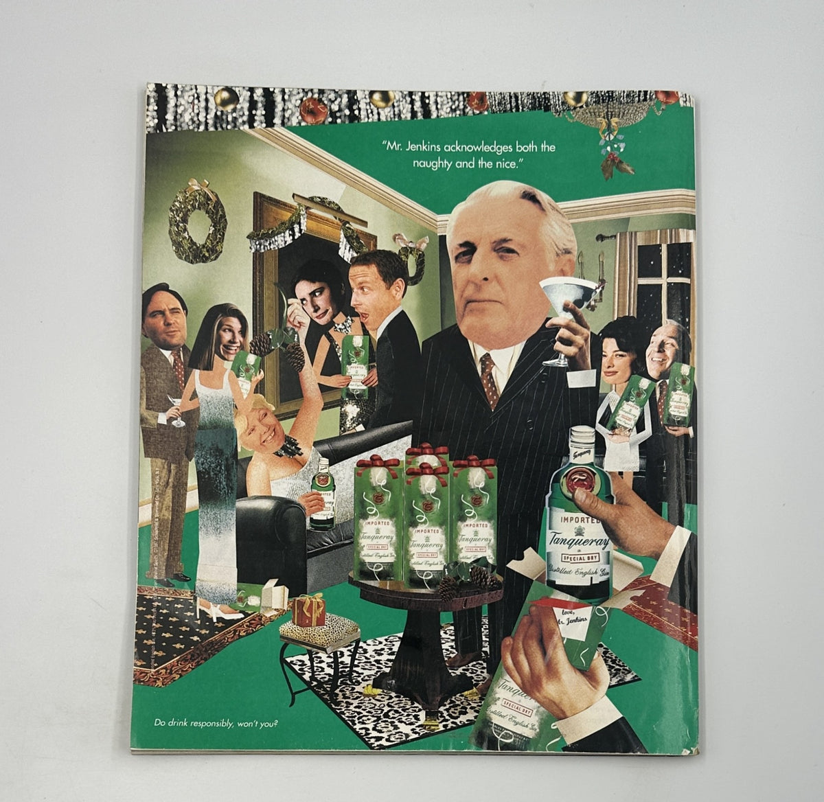Cover page of George Magazine December 1997 depicting Mr. Jenkins among a festive scene, promoting responsible drinking with a humorous twist and featuring personalities like Kevin Costner.