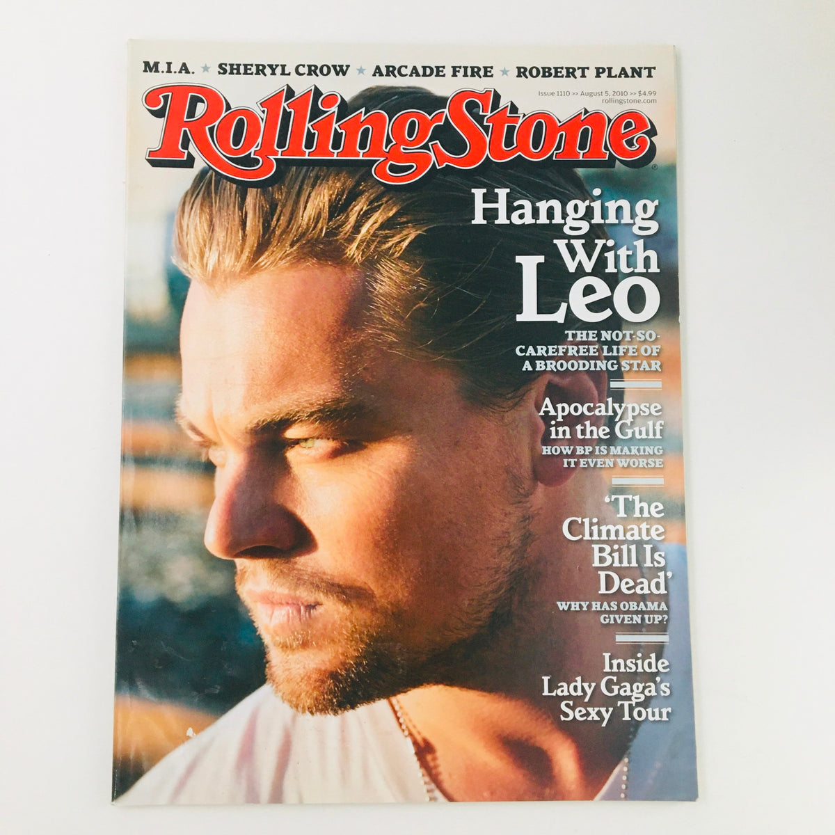 Rolling Stone Magazine August 5 2010 featuring Leonardo DiCaprio on the cover, showcasing a portrait of the actor with a reflective expression in natural light.