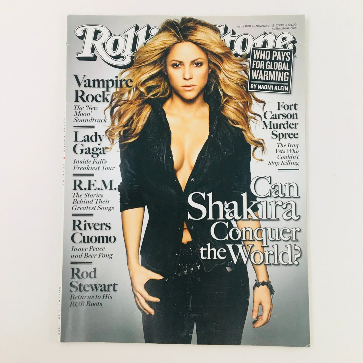 Cover of Rolling Stone Magazine November 12 2009 featuring Shakira with the headline 'Can Shakira Conquer the World?' highlighting articles on Lady Gaga and other artists.