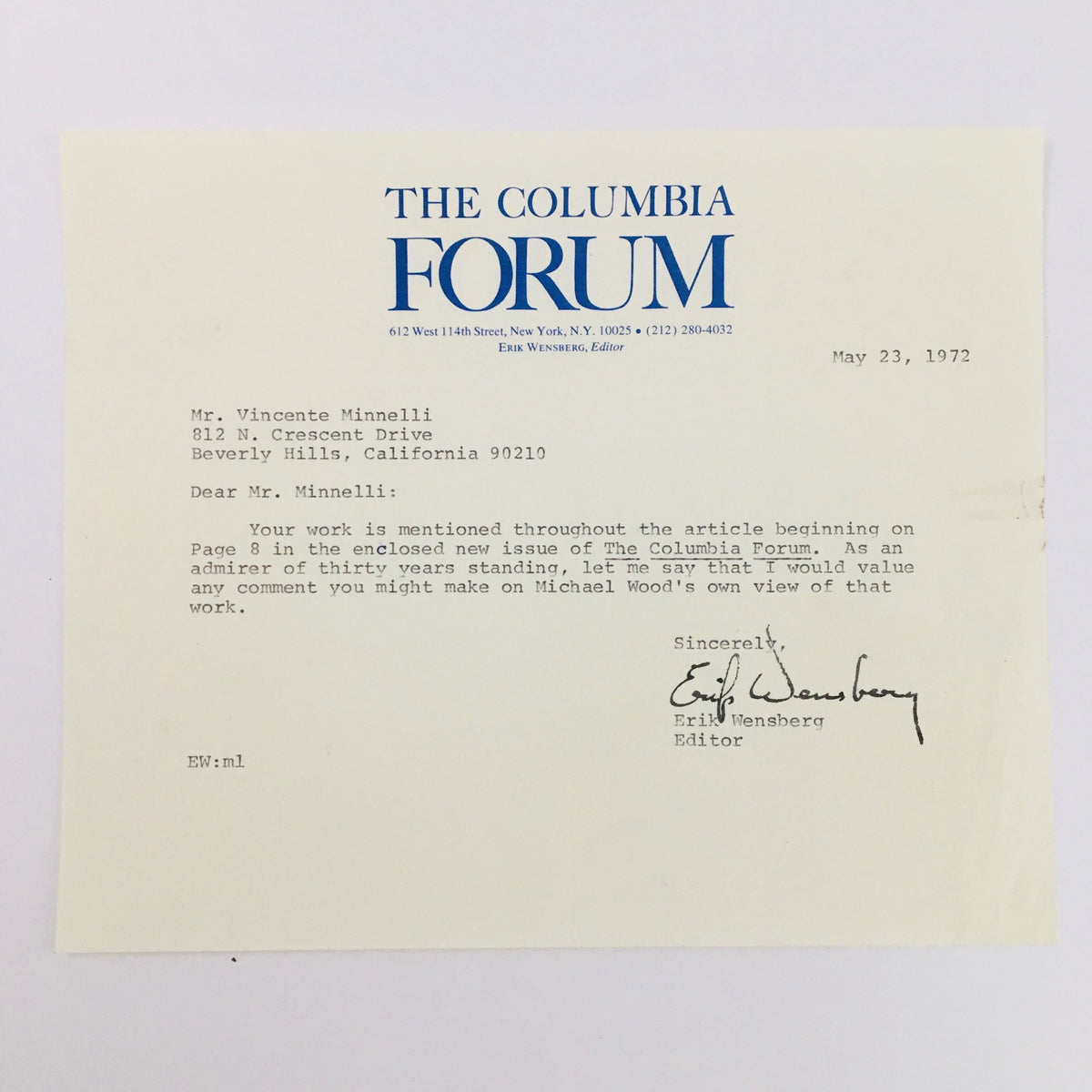 Letter from Erik Wensberg, Editor, The Columbia Forum, dated May 23, 1972, addressed to Vicente Minnelli, discussing an article in the magazine.