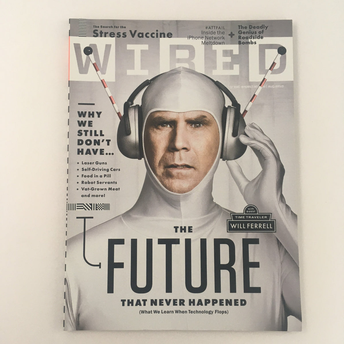 Wired Magazine August 2010 cover featuring Will Ferrell as a time traveler, titled 'The Future That Never Happened', showcasing themes of technology and innovation.