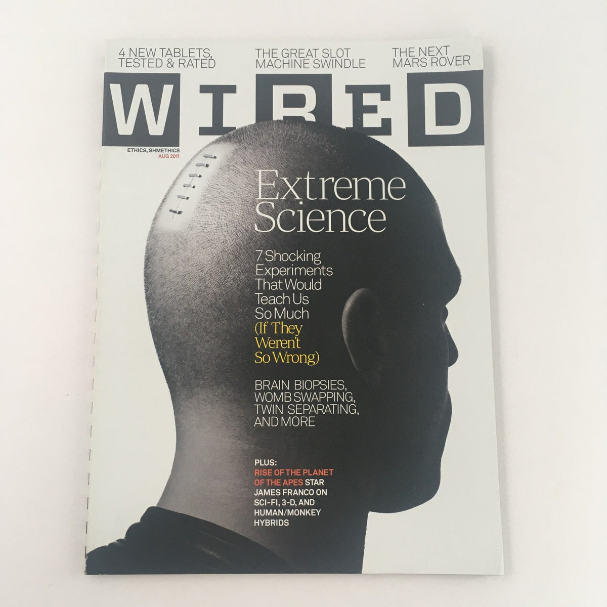 Cover of Wired Magazine August 2011 featuring James Franco and the topic of human/monkey hybrid films. The cover highlights the theme of extreme science with a striking image of a bald man and bold text discussing experimental ethics.